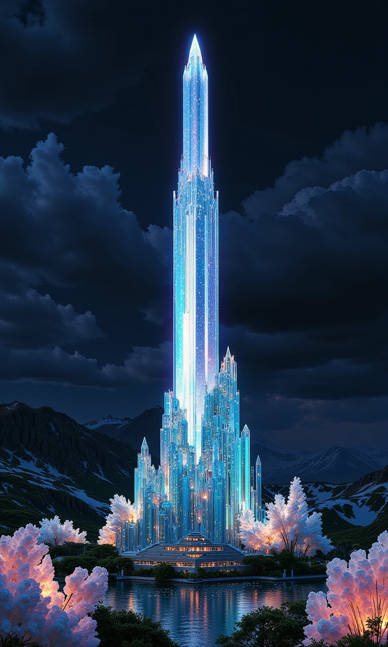 Landscape Photography A massive, shining crysta |glass tower in an ethereal alien landscapesurrounded by glowing flower crystals and asapphire s ky with dark clouds looming<flux.1_lora_flyway_Epic-detail_v2_000009500:1.0>