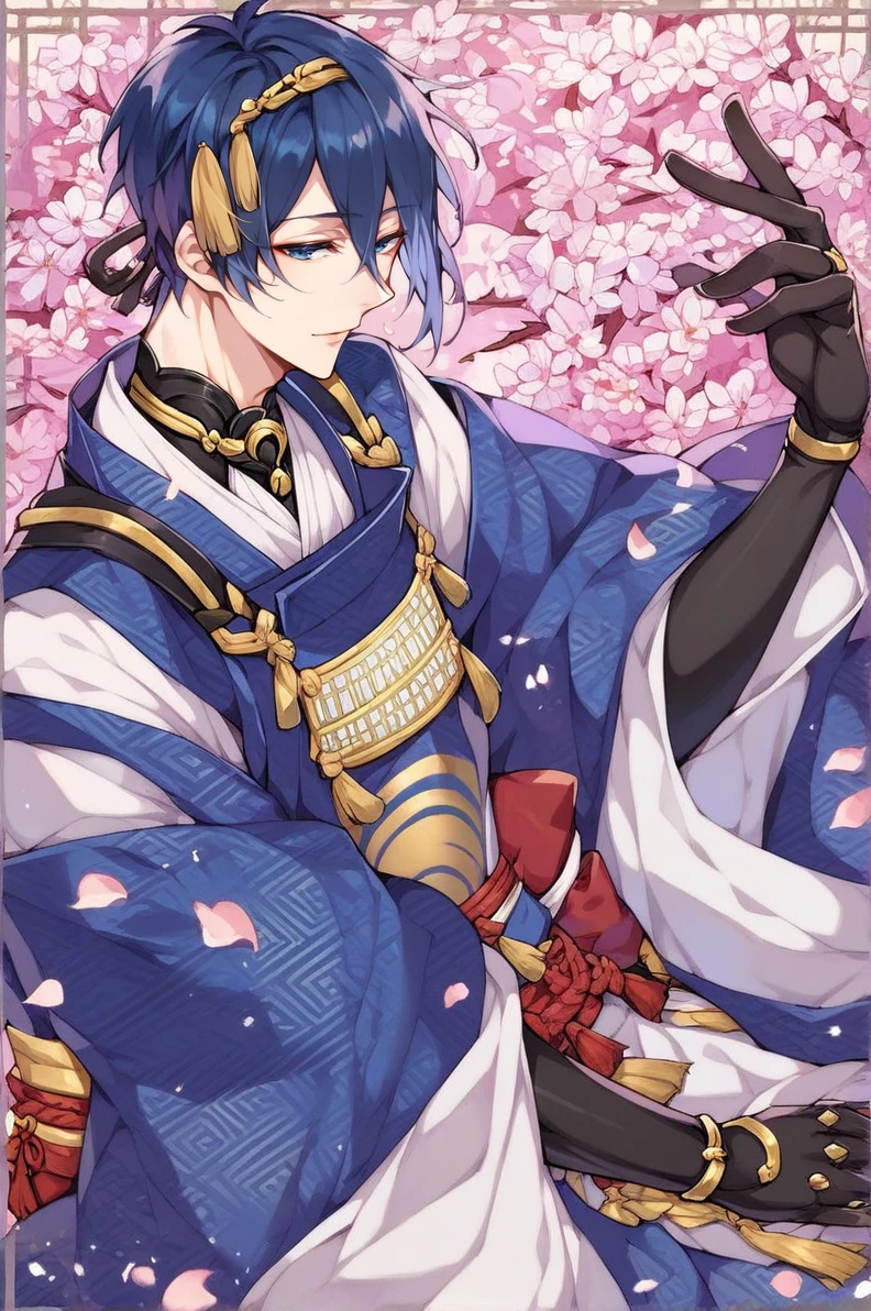 score_9,score_8_up,score_7_up,source_anime,1boy,male focus,mikazuki munechika,japanese clothes,blue eyes,solo,blue hair,black gloves,petals,,<lora:mikazuki_munechika:0.9>