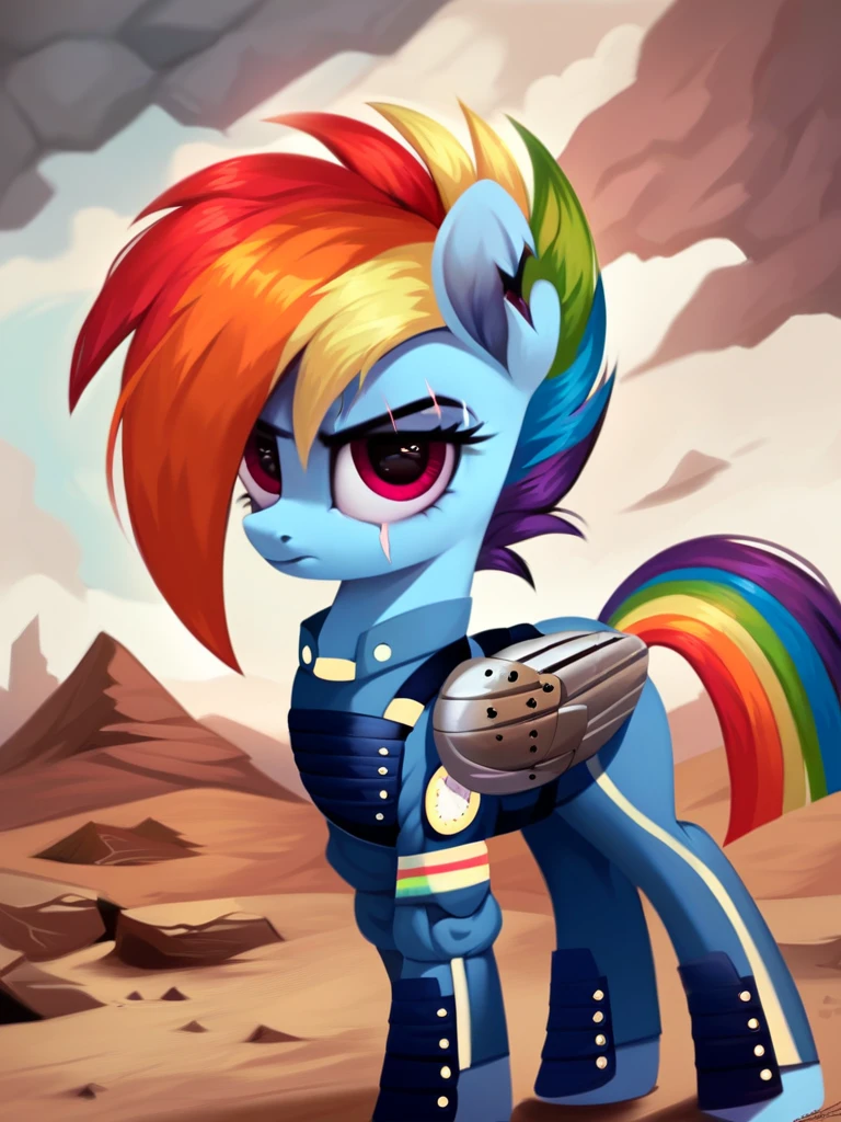 score_9, score_8_up, score_7_up, score_6_up, score_5_up, score_4_up, source_pony, feral pony, Apocalypse_Rainbow_Dash, notched ear, scar across eye, mechanical wing, prosthetic wing, uniform, body armor, bulletproof vest, desert, detailed background, detailed face, detailed eyes, <lora:apocdash-v1:1>