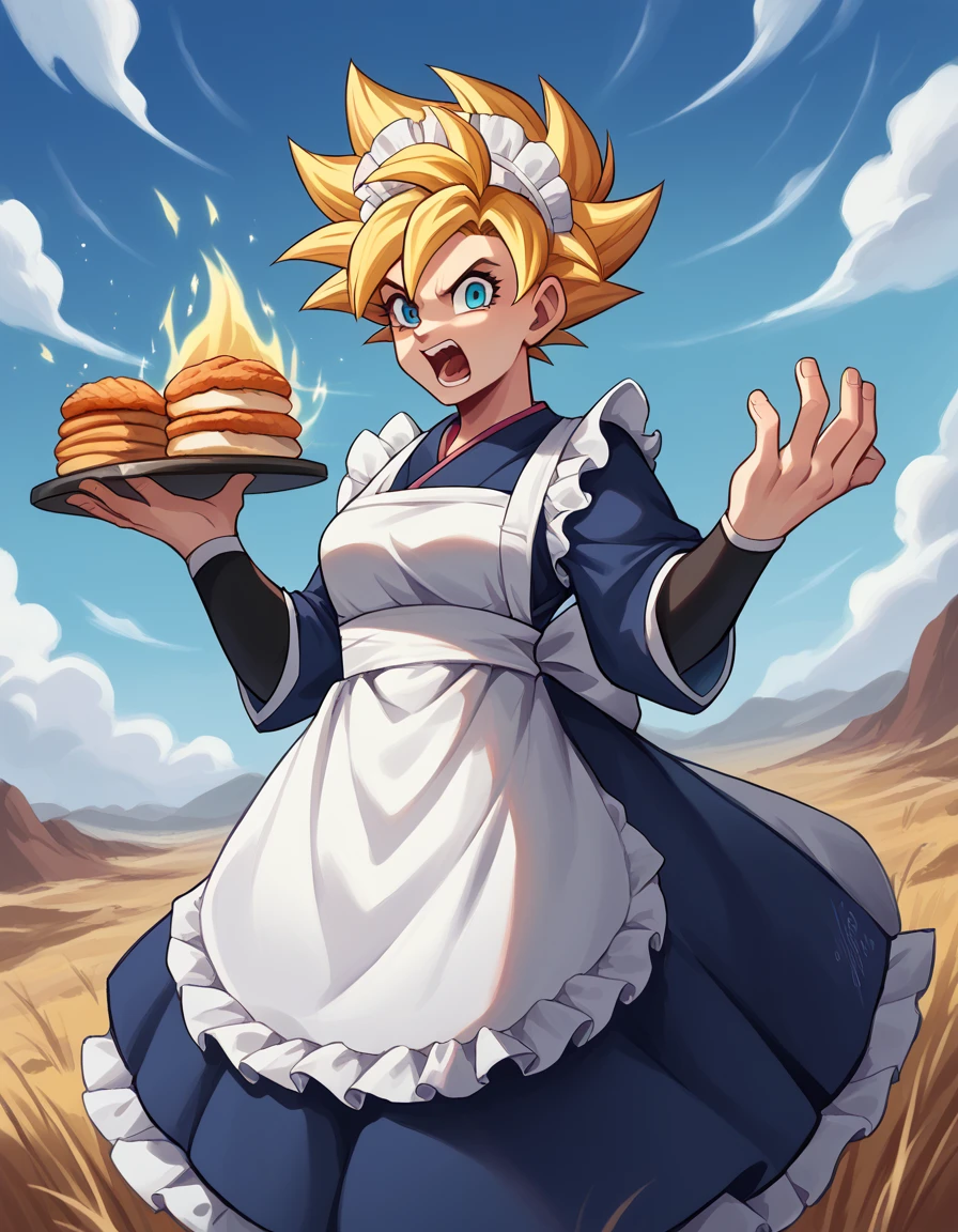 score_9, score_8_up, score_7_up, source_anime, <lora:super-saiyan-ponyxl-lora-nochekaiser:1>, super saiyan, spiky hair, aura, open mouth, closed hands, shouting, <lora:wa-maid-ponyxl-lora-nochekaiser:1>, wa maid, maid, maid headdress, apron, white apron, frilled apron, maid apron, kimono, japanese clothes, frilled kimono, holding tray, tray, food, wasteland, sky, blue sky, clouds,, cowboy shot, dutch angle, looking at viewer,