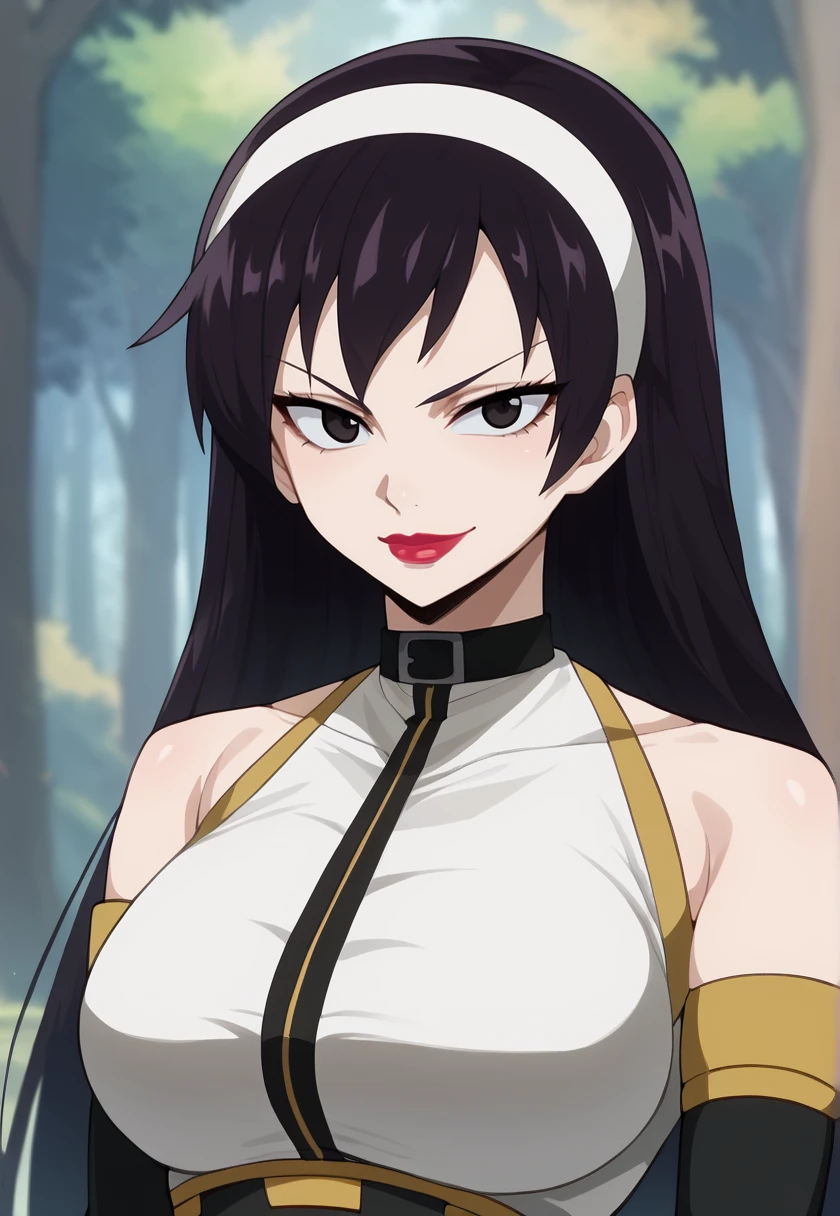 <lora:ultearMilkovich-09:1> ultearMilkovich, long hair, black hair, black eyes, large breasts, makeup, lipstick, UltearSuit, hairband, black choker,  bare shoulders, detached sleeves, elbow gloves, leotard, looking at viewer, smile, (blurry background, forest),, 16k, masterpiece, absurdes, highly detailed, highres, high quality, best quality, score_9, score_8_up, score_7_up, score_6_up, shiny, shiny skin, shiny hair, looking at viewer, portrait, upper body, close-up,