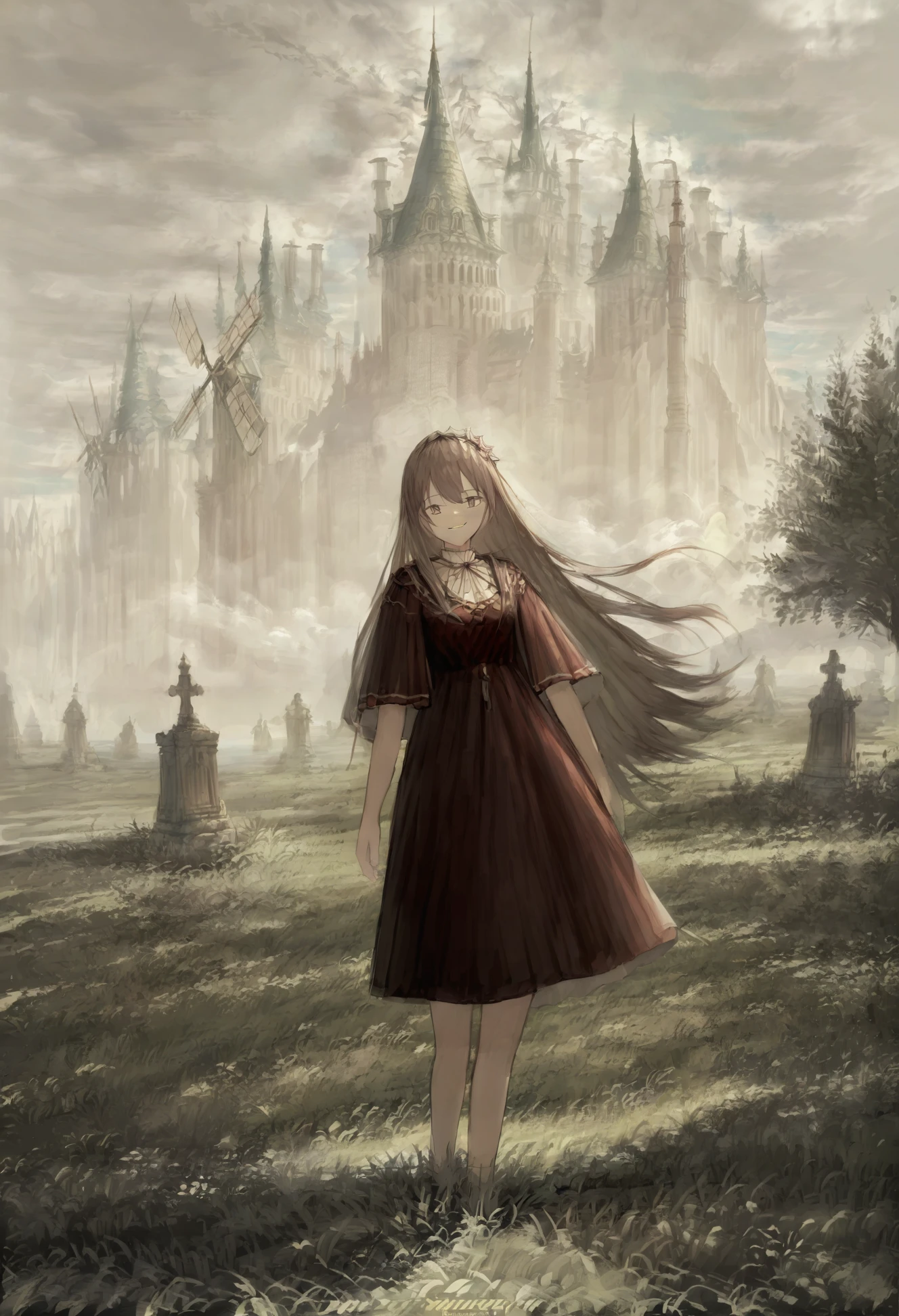 masterpiece, best quality,1girl, solo, cloud, scenery, outdoors, sky, long hair, dress, grass, day, fantasy, standing, smile, brown hair, wind, tree 
<lora:yuzuXLlokr4f-000182:1>