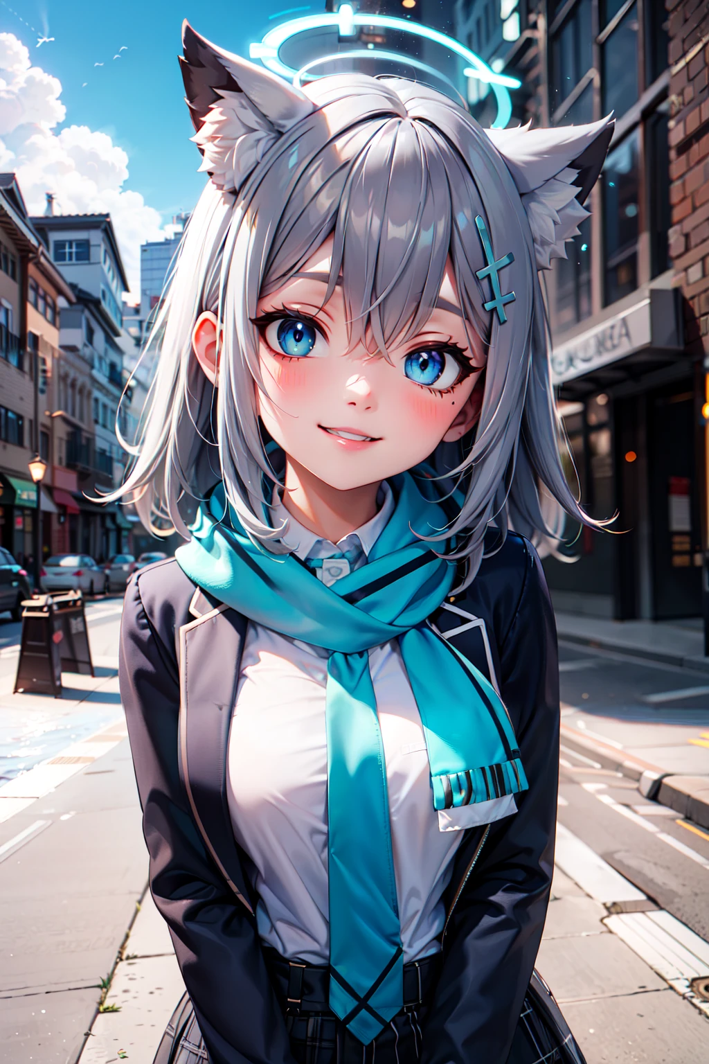 (masterpiece), <lora:Beautiful_CAT_v3:0.8>, best quality, high resolution, highly detailed, perfect lighting,  , <lora:Shiroko_BlueArchive_Citron:0.8>, zzShiroko, animal ears, grey hair, wolf ears, animal ear fluff, blue eyes, halo, hair ornament, cross hair ornament, mismatched pupils, extra ears, medium hair, , , blazer, blue scarf, blue sky, cloud, day, long sleeves, open jacket, outdoors, , school uniform, blue jacket, blue necktie, hair between eyes, parted lips, plaid skirt, white shirt, , green gloves, school bag, building, shirt tucked in, shoulder bag , upper body , solo, smiling, looking at viewer,, BREAK, leaning forward, head tilt, blush, upper body,