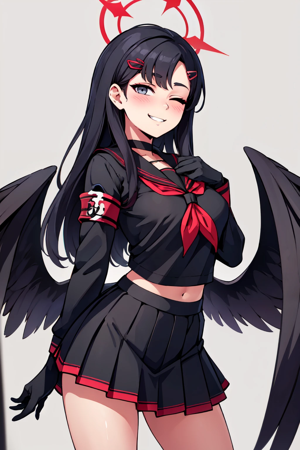 ((masterpiece,best quality)), absurdres,  BREAK, , <lora:Ichika_BlueArchive_Citron:0.8>, zzIchika, black hair, long hair, halo, hair ornament, hairclip, red halo, wings, black wings, low wings, feathered wings, breasts black sailor collar, black serafuku, black skirt, long sleeves, red neckerchief, black choker, black gloves, pleated skirt, simple background, white background, grey eyes, blush, red armband, closed mouth, grin, one eye closed , BREAK, side view, hip to the side, contrapposto,, BREAK, solo, smile, looking at viewer, cowboy shot,