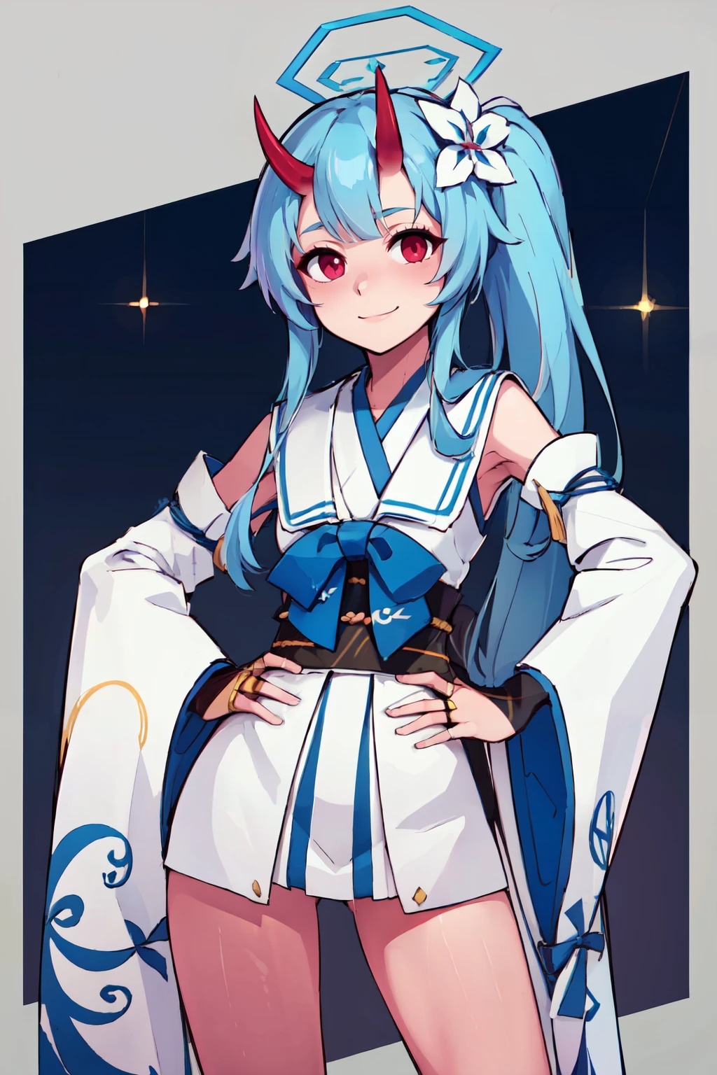 ((masterpiece,best quality)), absurdres,  BREAK, , <lora:Chise_BlueArchive_Citron:0.8>, zzChise, red eyes, blue hair, long hair, side ponytail, horns, halo, hair flower kimono, detached sleeves, wide sleeves, obi, white sailor collar, twin braids, bridal gauntlets , BREAK, hip to the side, hand on hip, contrapposto,, BREAK, solo, smile, looking at viewer, cowboy shot,