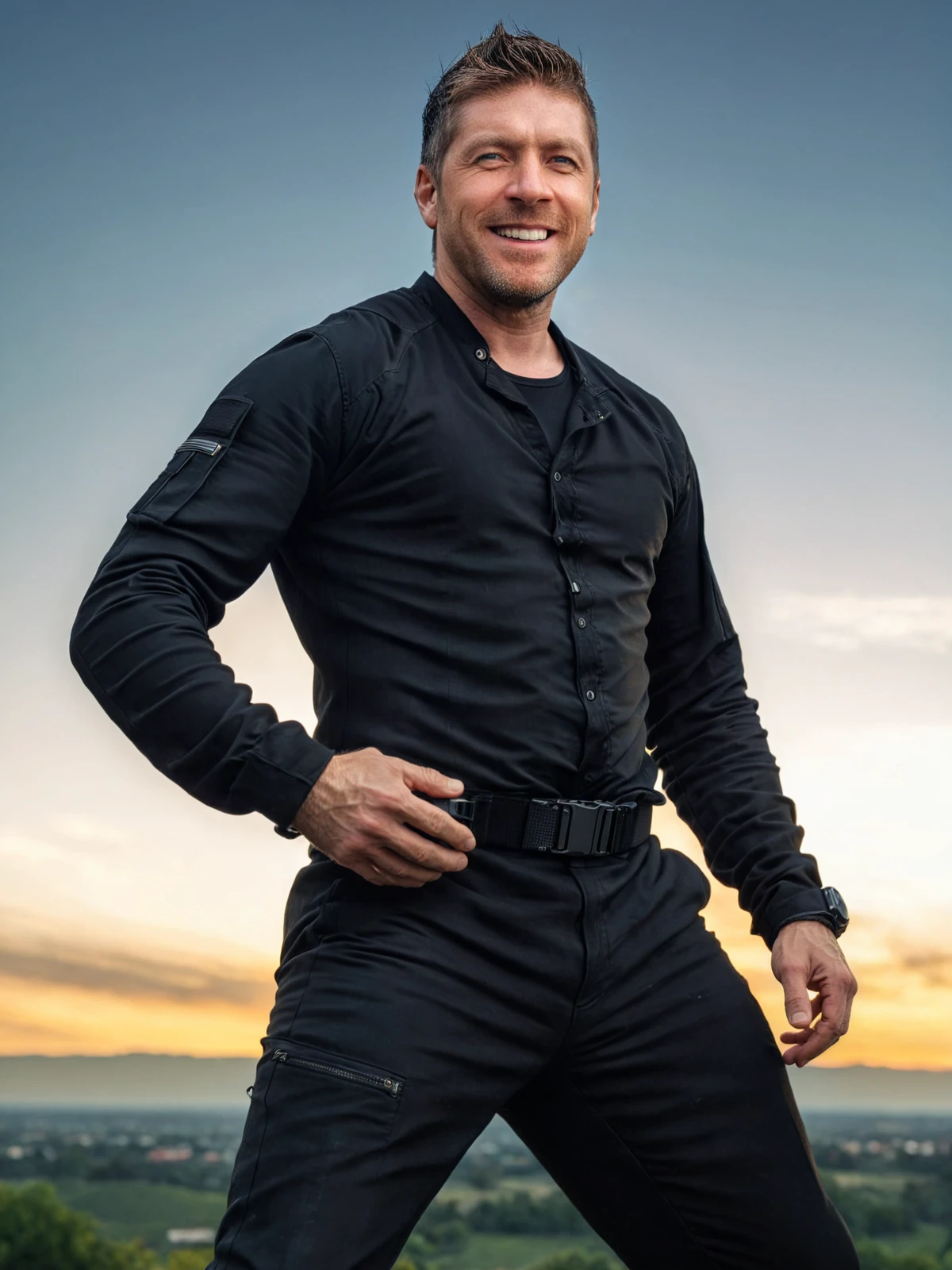 (full body1.5) shot of 1man <lora:Ray_Park:1> Ray Park wearing black outfit, happy expression, smiling, outdoors, sky, cloud, no humans, cloudy sky, scenery, sunset, sun, captured with a 5d camera, in HDR, 8k resolution, sharp focus, infused with a graphic novel aesthetic, cinematic, detailed, motion picture style, realistic, sci fi style, cinematic light, perfect color, perfect scene, shallow depth of field, vignette, highly detailed, high budget, bokeh, cinemascope, moody, epic, masterpiece, <lora:Rembrandt Lighting style v2:0.6> Rembrandt Lighting style, in the dark Low-key lighting Style <lora:Low-key lighting Style:0.6>