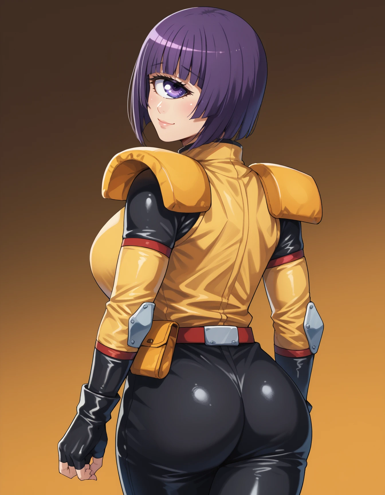 score_9, score_8_up, score_7_up,score_6_up  source_anime,  1girl,huge breasts,wide hips,thick thighs,smile,huge ass,from behind
manakobaf, 1girl, cyclops, purple hair, purple eyes, fingerless gloves,  short hair,  belt, blunt bangs, looking at viewer,  shoulder pads, monster girl, black and yellow bodysuit,black pants,knee pads, 
  <lora:manako-koto-PonyXL 2:1>