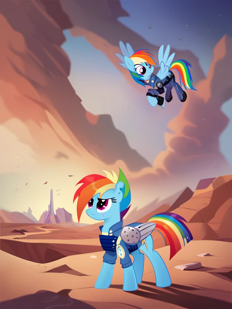 score_9, score_8_up, score_7_up, score_6_up, score_5_up, score_4_up, source_pony, feral pony, Apocalypse_Rainbow_Dash, notched ear, scar across eye, mechanical wing, prosthetic wing, uniform, body armor, bulletproof vest, desert, detailed background, detailed face, detailed eyes, <lora:apocdash-v1:1>