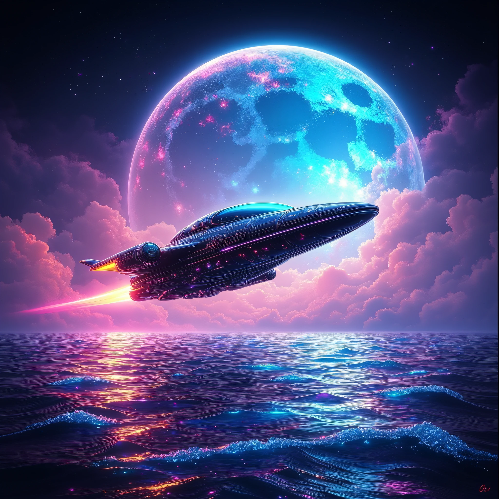 ArsFriends,A futuristic spaceship soaring above a glowing crystal ocean, leaving a trail of neon light as it heads toward a massive, illuminated moon