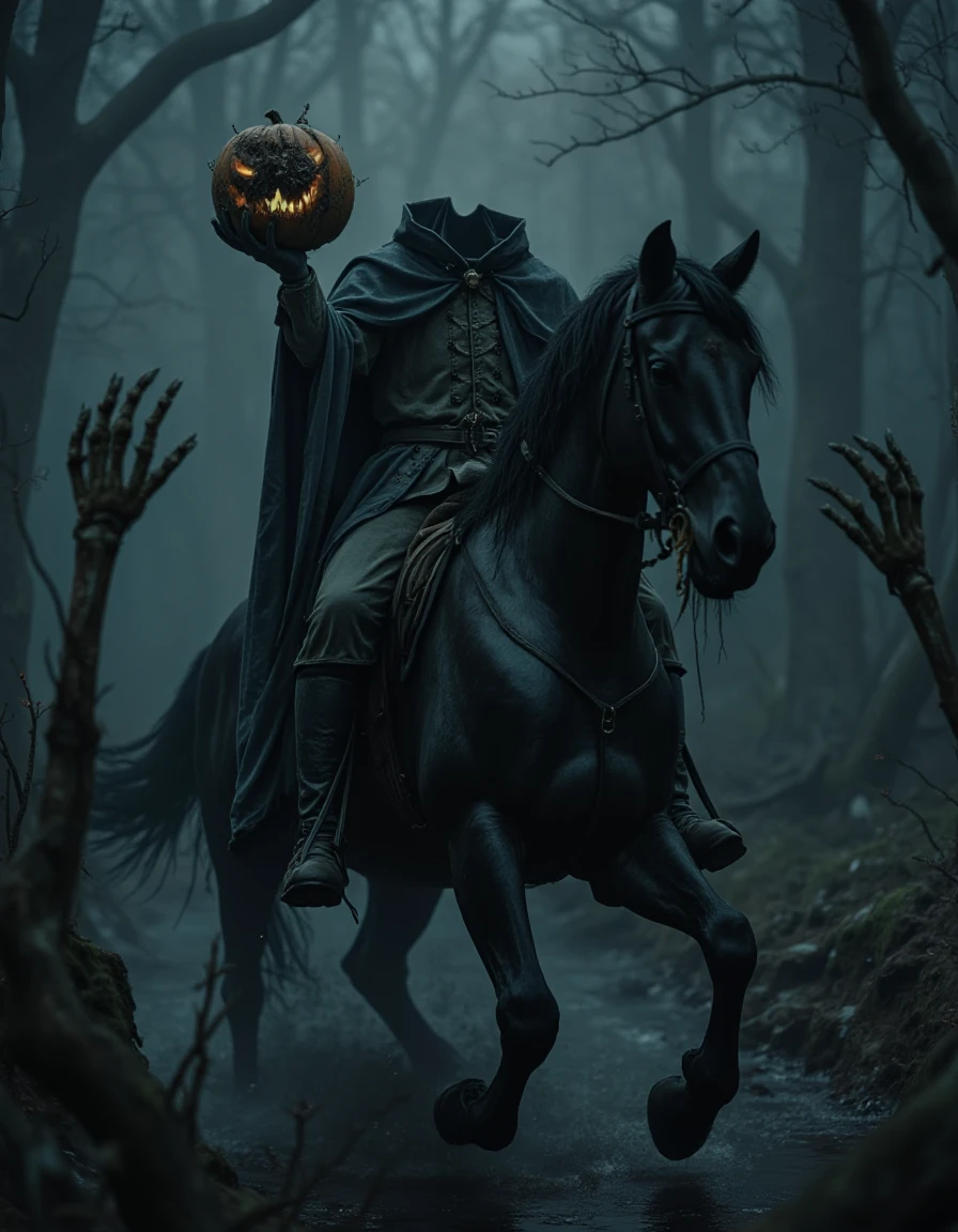 headless_horseman riding a ghostly black horse through a dense swamp at midnight, the riderâs cape trailing through the fog. The rider holds a rotting pumpkin with a decaying face, and skeletal hands emerge from the water around them. Gothic horror with dark tones and heavy use of shadows. headless_horseman, <lora:headless_horseman_v11:1>,