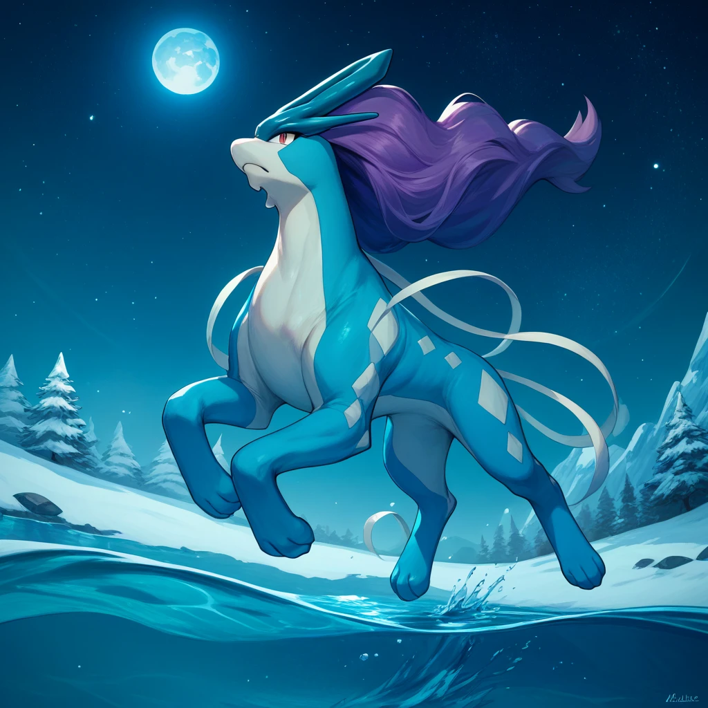 score_9, score_8 score_7, score_6_up, score_9, score_8 score_7, score_6_up, Suicune, blue body, purple hair, running on water, night, pokemon_(creature), jumping, stars, moon, facing viewer, dynamic pose, looking at viewer, glaciers in background, breath, snowy mountains, 