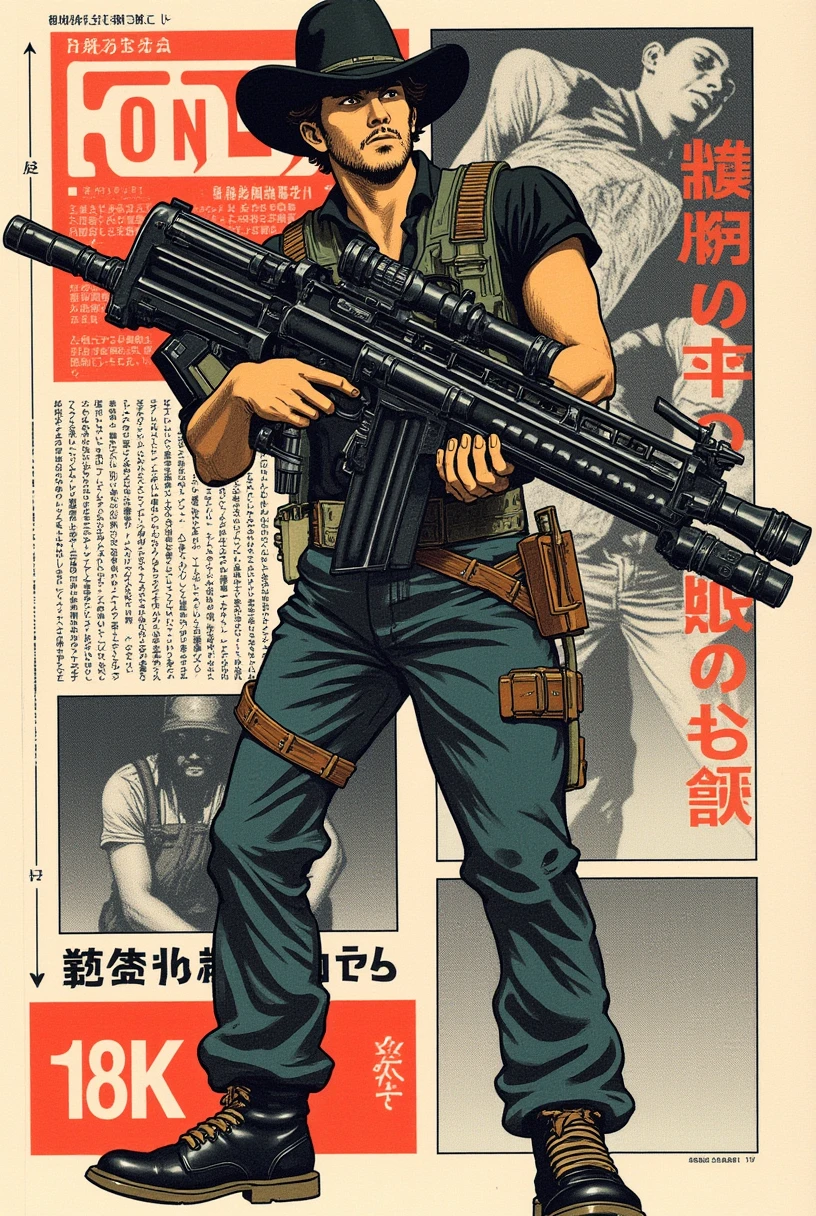 7-JapaneseGraphic of a cowboy holding a large minigun, japanese magazine newtype collage of multiple graphics