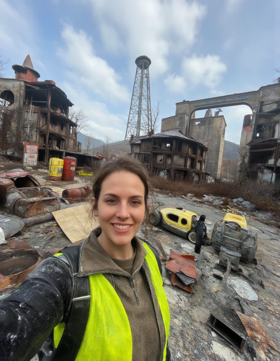 <lora:Fallout_4_flux-000010:1>,the image features a woman doing a selfie in a post apocalyptic, dystopian cityscape,