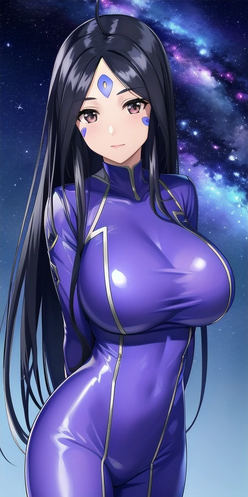 <lora:SkuldV2:0.7> skuld_(aa_megami-sama), huge_breasts, standing, solo, arms_behind_back, starry_sky, blue_facial_mark_forehead_mark, bodysuit,, masterpiece, best_quality, detailed_face, detailed_eyes, highres, beautiful, detailed, absurdres,