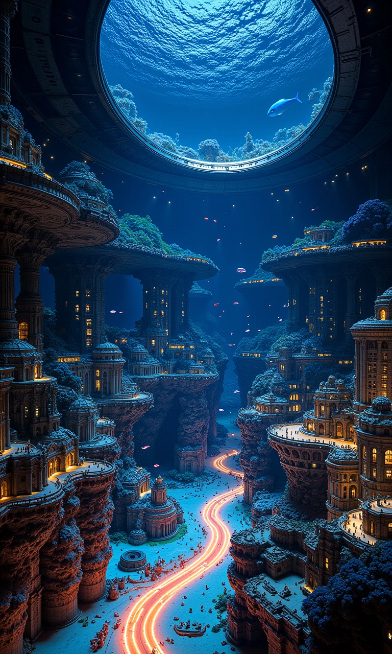 Itâs a surreal depiction of a sunken metropolis, sitting beneath the ocean, surrounded by a giant glass dome with buildings and bustling streets. Outside the dome, bioluminescent marine life glides gracefully by, bathing the cityscape in a soft, ethereal garden of glowing artificial corals, outfitted with LEDs that change color to reflect the time of day or weather changes. Neon-colored lines embedded in the seafloor outline different city areas, while intricate patterns of glowing veins soften the landscape. Fiber-optic cables run through the city, their ends gleaming to form a radiating line, and fish swim around.<flux.1_lora_flyway_Epic-detail_v2_000009500:1.0>