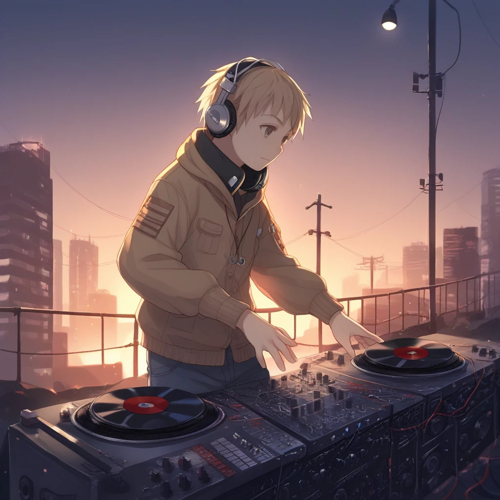 score_9, score_8_up, score_7_up, score_6_up, score_5_up, score_4_up, zPDXL2,source_anime,rating_questionable,<lora:DJ:0.8> d1scj0.8ckey, headphones, turntable,urban, industrial, evening