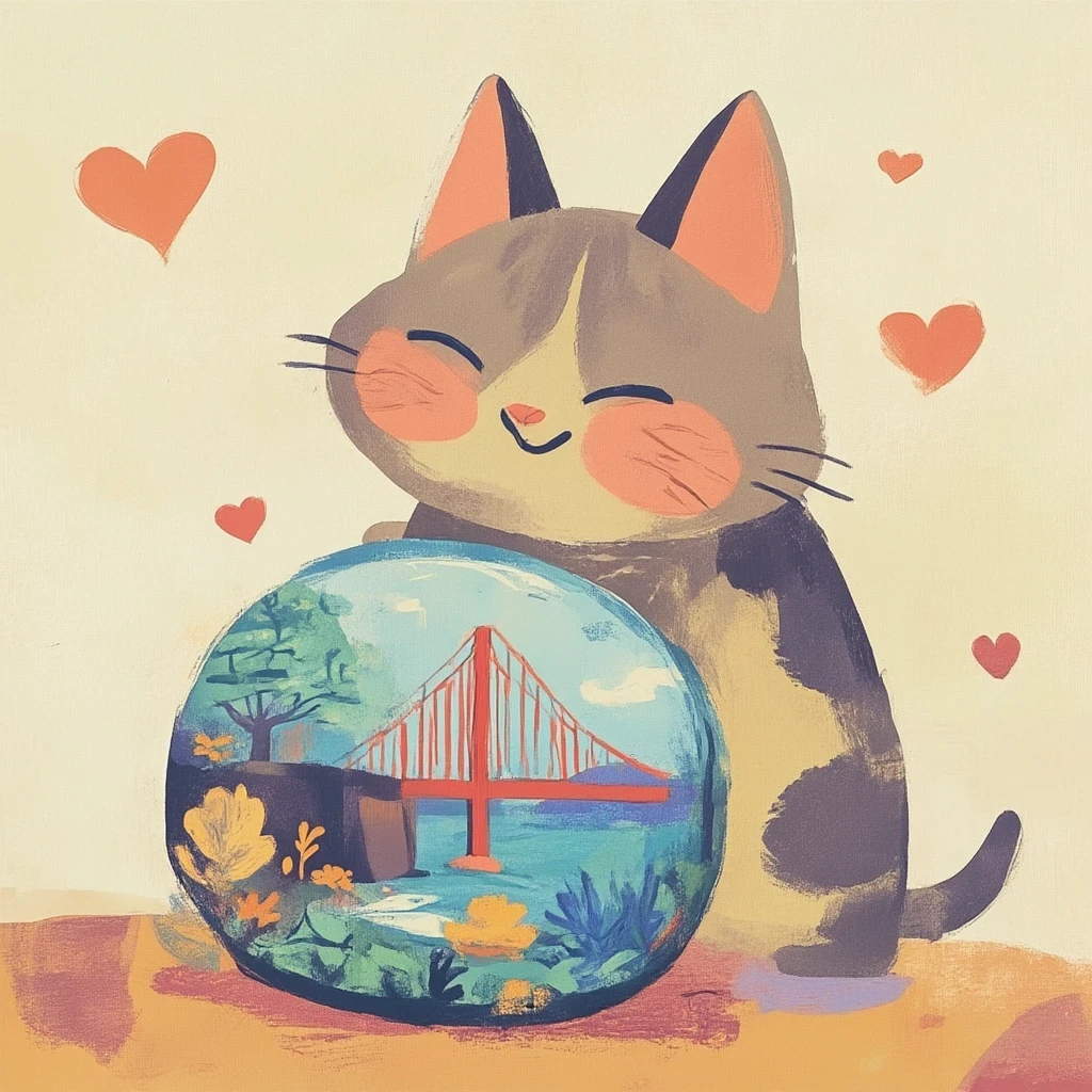 a cat licking a large felt ball with a drawing of the Golden Gate Bridge on it, illustrated MSMRB style