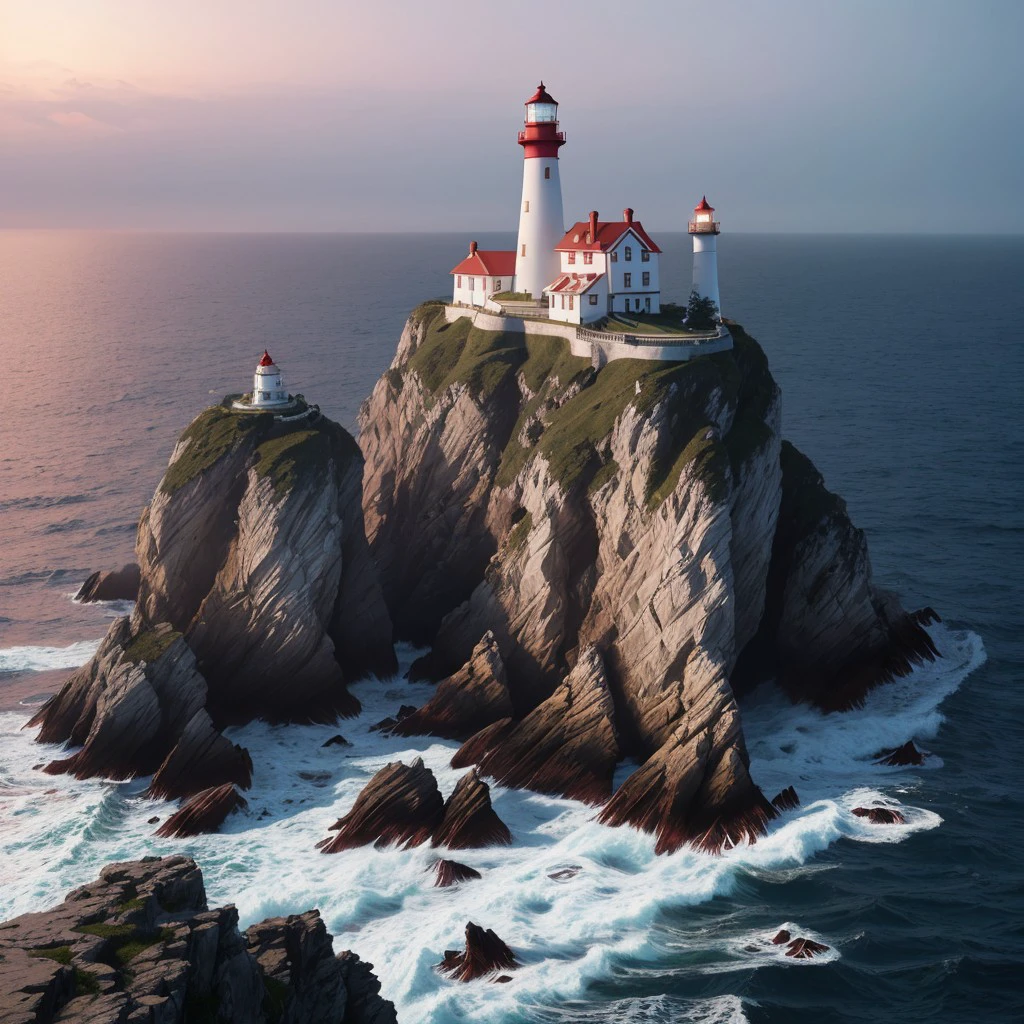 masterpiece, full scale wide shot photo, intricate photo, precisely detailed lighthouse with red-white colored ring-sections in the ocean on a rock by dark night, hazy fog on the water surface, blue neon backlight, cyberpunk, photo realistic, hyper realistic, highly detailed, sharp focus, high resolution, best quality, colorful, friendly colors, cozy outdoor lighting, 8K,  <lora:LighthouseConceptLora:1.0