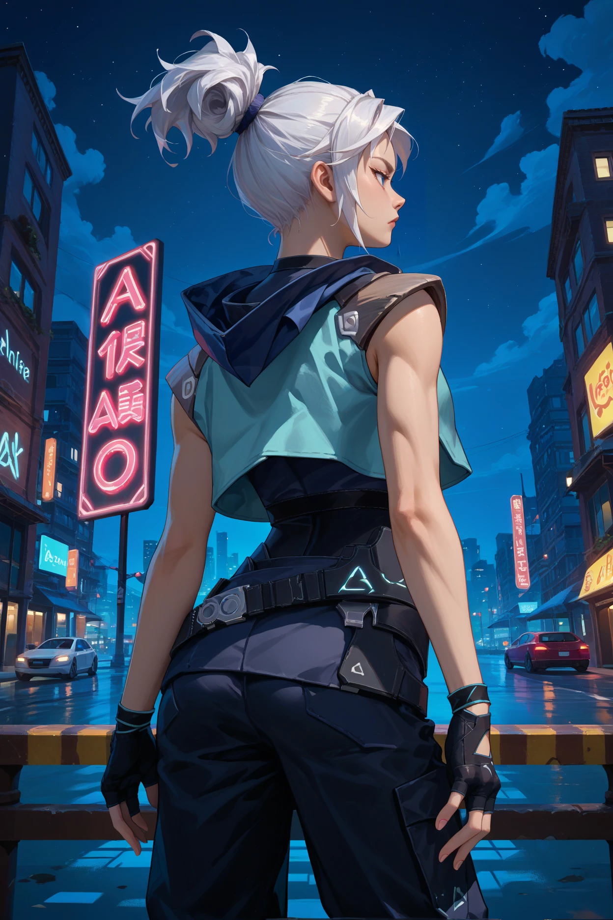 score_9, score_8_up, score_7_up, score_6_up, source_anime, 1girl, solo  <lora:valorantjett-pdxl-nvwls-v1-000005:1> valJett, white hair, short ponytail, blue jacket, sleeveless, cropped jacket, black bodysuit, belt, black pants, black gloves, fingerless gloves, night, city, neon signs, from behind