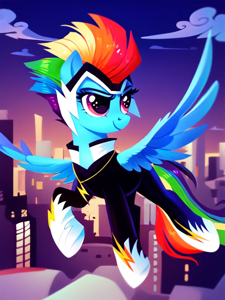 score_9, score_8_up, score_7_up, score_6_up, score_5_up, score_4_up, source_pony, feral pony, Zapp_PowerPonies, bodysuit, necklace, solo, flying, skyline, night, detailed background, detailed face, detailed eyes, <lora:zappanthro-v1:1>