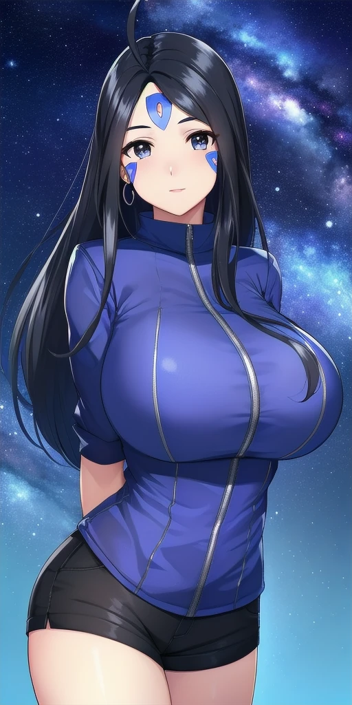 <lora:SkuldV2:0.7> skuld_(aa_megami-sama), huge_breasts, standing, solo, arms_behind_back, starry_sky, blue_facial_mark_forehead_mark, micro_shorts,, masterpiece, best_quality, detailed_face, detailed_eyes, highres, beautiful, detailed, absurdres,