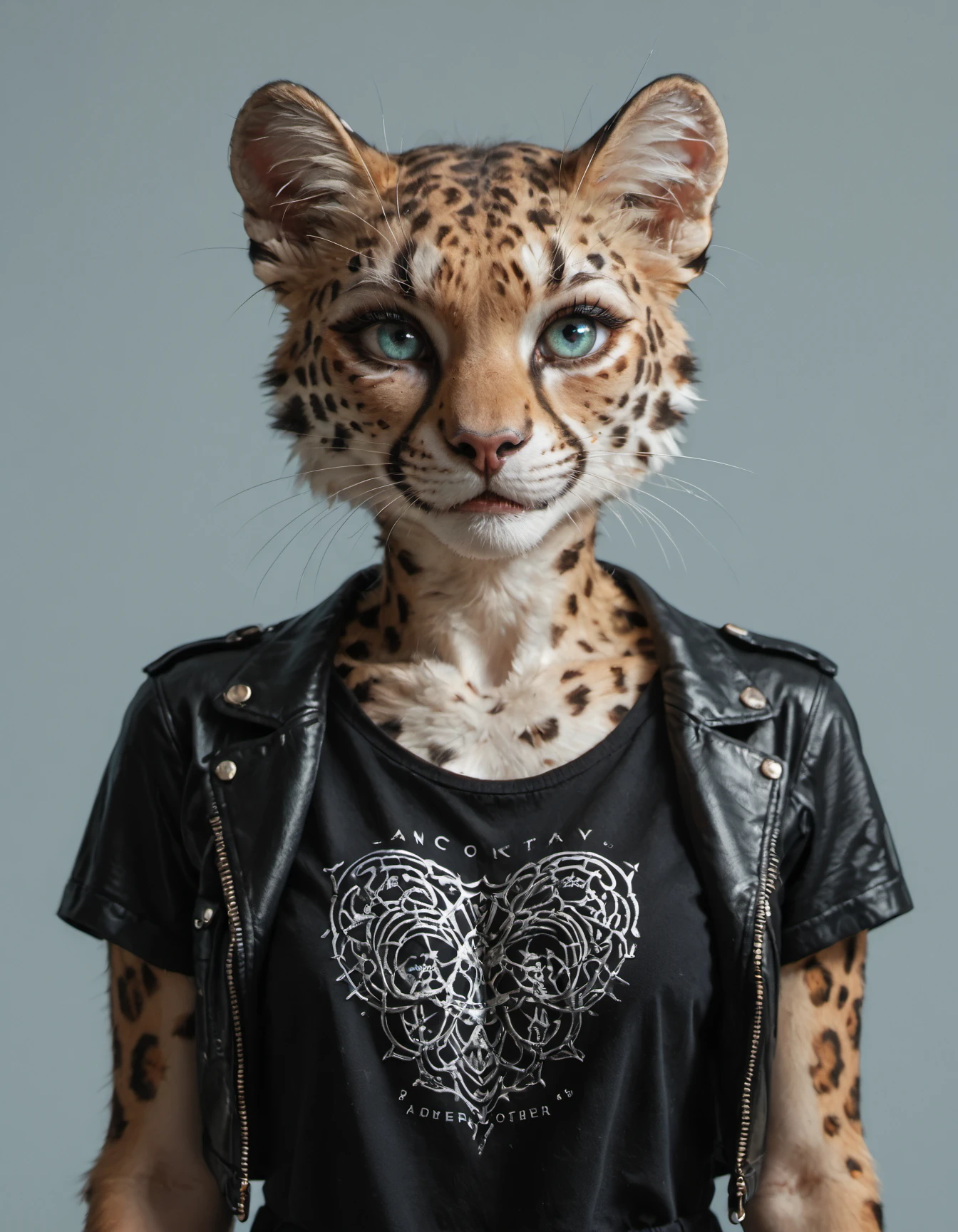 digital_media_(artwork) hi_res, score_9, score_8_up, score_7_up, score_6_up, score_5_up, score_4_up, rating_safe, beautiful, intricate, high quality details, highly detailed, deep cleavage, amazing quality, anthro, furry, female, smirk,  detailed textured fur, fur tufts, fluffy, slim, slender, cute, small, detailed sexy eyes, ocelot,  heavy eyeliner, heavy eye shadow, breasts,, Metalhead fashion style, inspired by heavy metal music culture, features black clothing, leather jackets, band t-shirts, and metal accessories, promotes individuality and rebellion, celebrates a love for music and expression through clothing