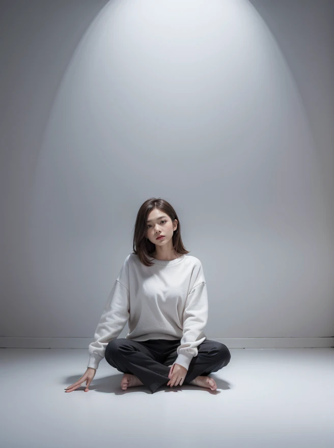 <lora:ReaLora:0.4> (realistic, photorealistic:1.37), <lora:NightphotoV1-0:0.6> nphot,
1girls, asian, beauty japanese female,
casual fashion, sweater, pants,
 <lora:WhiteRoom-v1:0.8> wr0919, white wall, white floor