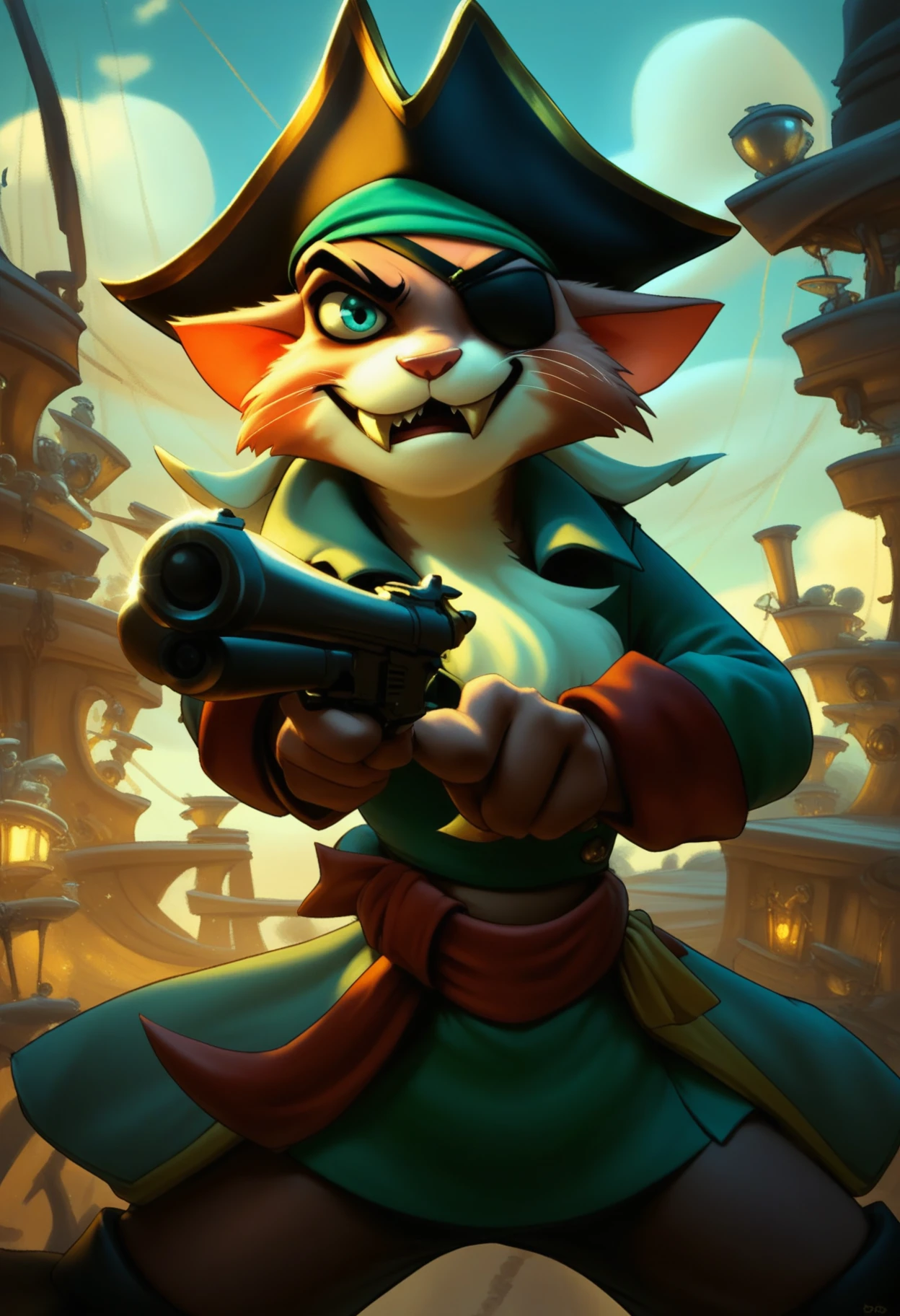 safe_pos, score_9, score_8_up, score_7_up, solo, 1boy, pirate captain, cat, solo, anthro, evil, fangs, eyepatch, holding, pirate pistol, aiming at viewer