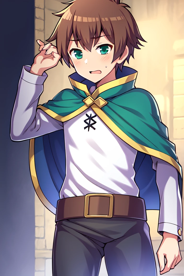 masterpiece, ultra details <lora:KazumaE15v3:0.9>, kazuma-liver020-wattjpad, brown hair, 1boy, satou kazuma, solo, short hair, male focus, green eyes, belt, capelet, shirt, solo, cape, black pants, long sleeves, green cape, white shirt, small capelet, 1 man, shirt ornament