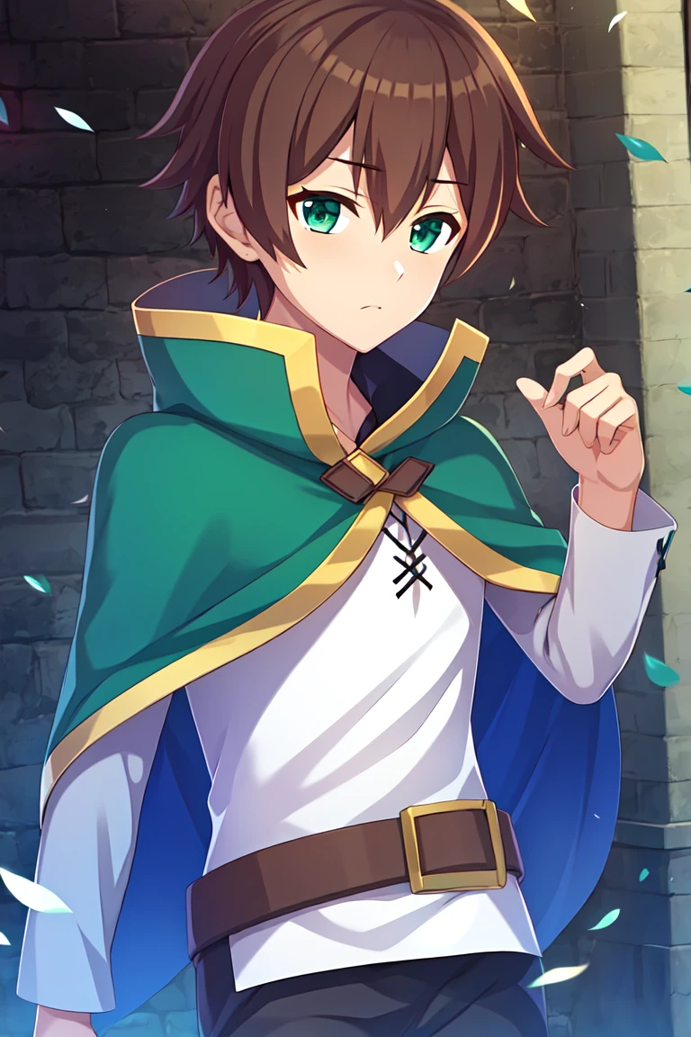 masterpiece, ultra details  <lora:KazumaE15v3:0.95>, kazuma-liver020-wattjpad, brown hair, 1boy, satou kazuma, solo, short hair, male focus, green eyes, belt, capelet, shirt, solo, cape, black pants, long sleeves, green cape, white shirt, small capelet, 1 man, shirt ornament