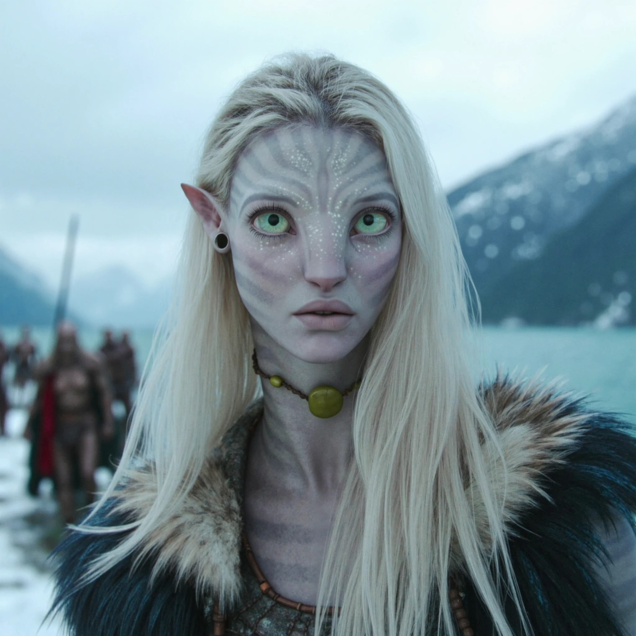 High quality Instagram selfie of a warrior princess with pale white skin electric blue eyes and platinum blonde hair and eye-lashes. There is a beautiful norwegian fjord in the background and other viking troops walking past her. She looks fierce and beautiful yet calm.