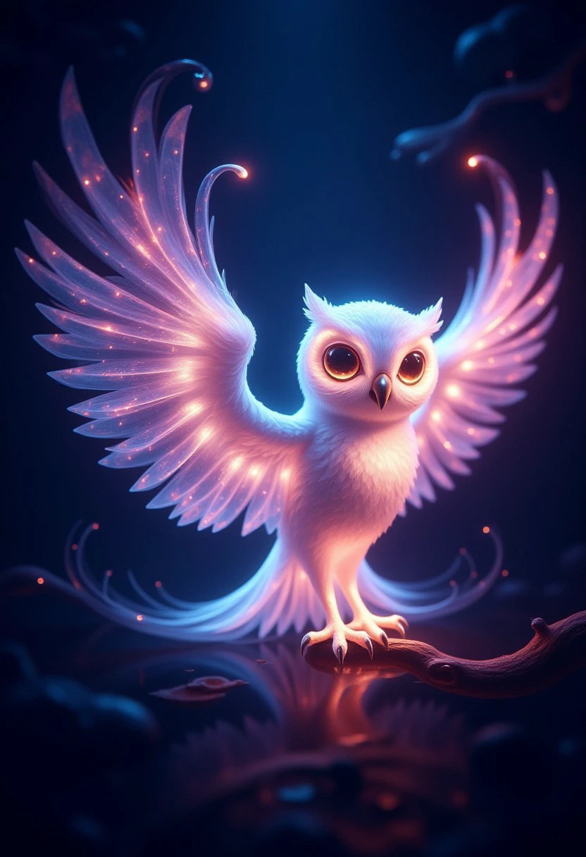 EtherealGlow, ethereal, a glowing, mystical owl with radiant, translucent feathers that shimmer with ethereal light. Its wide, glowing eyes reflect the swirling beams of EtherealGlow energy as it soars silently through the night, leaving a trail of soft, otherworldly light in its wake.