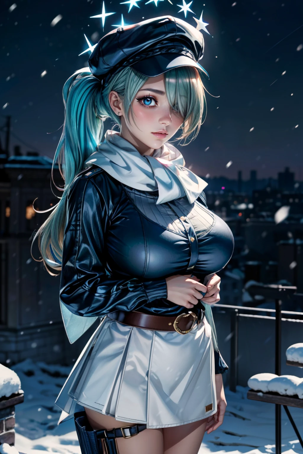 (ultra realistic,32k, masterpiece:1.2),(high detailed skin:1.1),( high quality:1.1), <lora:IllyasvielVonEinzbern_v1:0.7>, zzIllya, looking at viewer, night, outdoors, snowing, sky, BREAK,    <lora:Hiyori_BlueArchive_Citron:0.8>, zzHiyori, long hair, hair over one eye, halo, side ponytail, hairclip, hair ornament, breasts, aqua hair, hat, large breasts, black headwear, cabbie hat, green eyes long sleeves, looking at viewer, simple background, solo, white background, white skirt, belt, blush, thigh strap, white scarf,  ,BREAK,  blooming stars, luminescent petals, otherworldly fragrance blurry background, (looking at viewer, standing:1.1), huge breast, large breast, <lora:add_detail:0.92>, (glowwave:1.1),