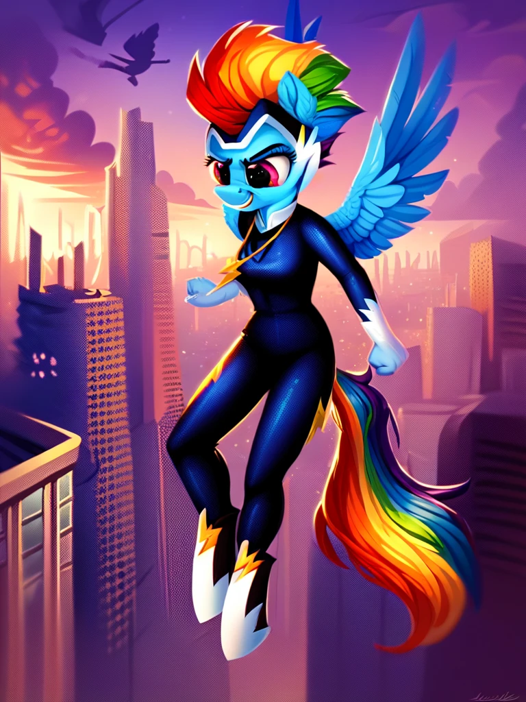 score_9, score_8_up, score_7_up, score_6_up, score_5_up, score_4_up, source_pony, anthro pony, Zapp_PowerPonies, bodysuit, necklace, solo, flying, skyline, night, detailed background, detailed face, detailed eyes, <lora:zappanthro-v1:1>