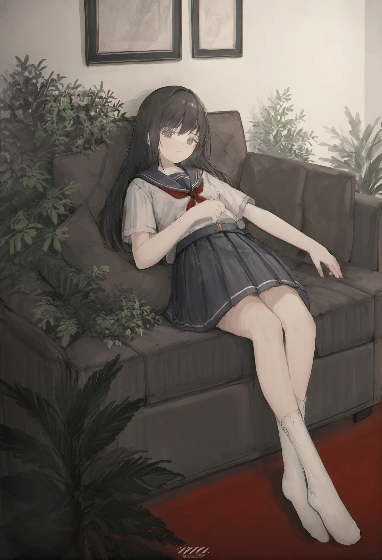 masterpiece, best quality,solo, couch, 1girl, black hair, serafuku, school uniform, socks, red neckerchief, lying, skirt, on back, indoors, on couch, white socks, neckerchief, plant, shirt, sailor collar, looking at viewer, short sleeves, blue skirt, white shirt, long hair, pleated skirt, potted plant 
<lora:yuzuXLlokr4f-000182:1>