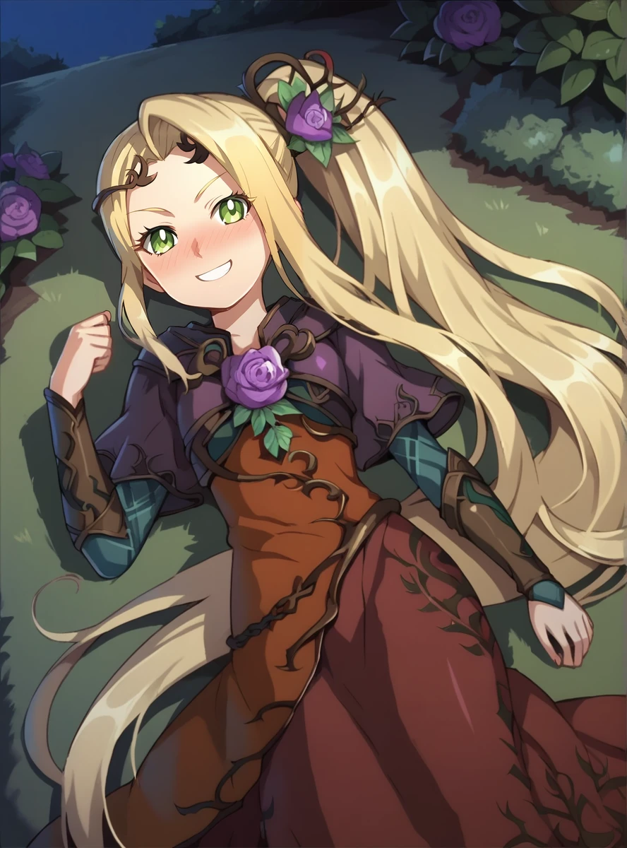 score_9, score_8_up, score_7_up, score_6_up source_anime, anime screencap, uncensored,  anime coloring,   <lora:ViridiXL:0.8>viridixl, long hair, 1girl, solo, blonde hair, flower, dress, hair ornament, smile, hair flower, green eyes, very long hair, ponytail smile, flower_garden garden   hips,  smile single vambrace, nose blush, night,  lying on flowers , <lora:lowlightv2:1>, glowing eyes,