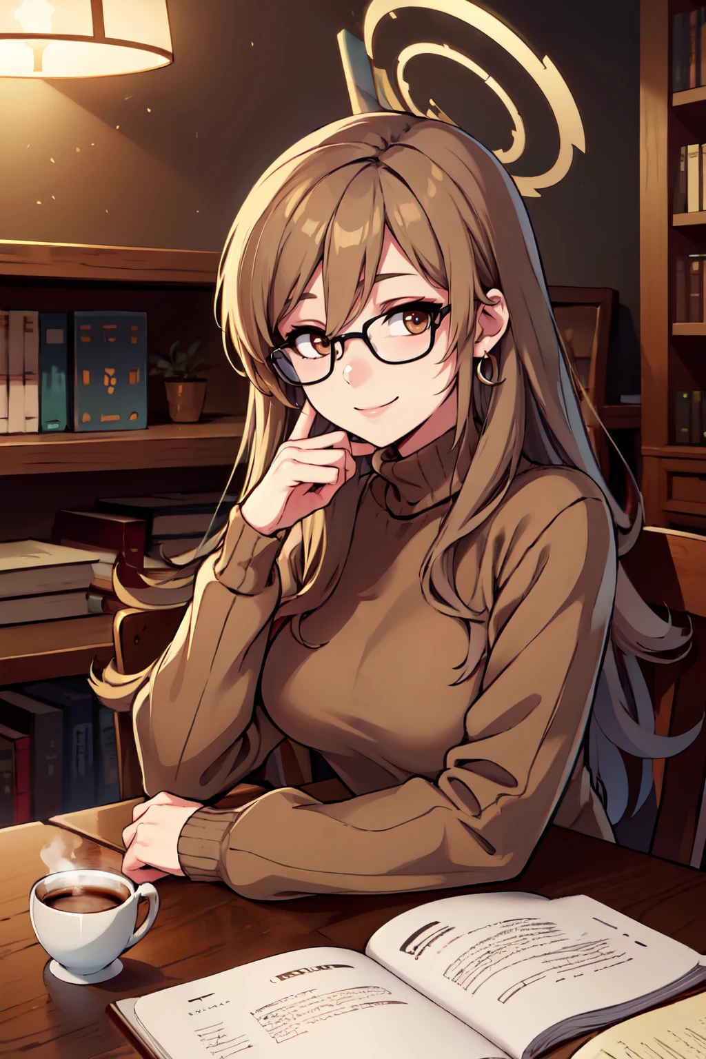 ((masterpiece,best quality)), absurdres,  BREAK, , <lora:Akane_BlueArchive_Citron:0.8>, zzAkane, brown eyes, light brown hair, long hair, glasses, halo, , BREAK, turtleneck sweater, earrings, library, cup of coffee, sitting at table, BREAK, solo, smile, looking at viewer, cowboy shot,