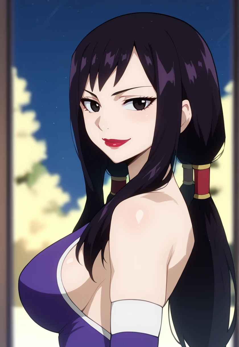 <lora:ultearMilkovich-09:1> ultearMilkovich, long hair, black hair, black eyes, large breasts, makeup, lipstick, UltearDress, purple dress, sideboob, twintails, bare shoulders, hair tubes, detached sleeves, looking at viewer, smile, (blurry background, night sky),, 16k, masterpiece, absurdes, highly detailed, highres, high quality, best quality, score_9, score_8_up, score_7_up, score_6_up, shiny, shiny skin, shiny hair, looking at viewer, portrait, upper body, close-up,