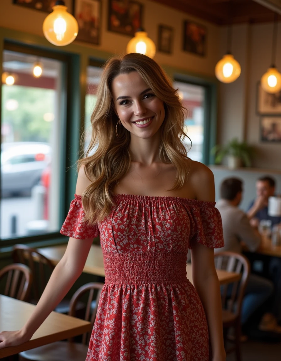 <lora:Bridgit_Mendler_Flux:1> beautiful detailed photograph, wearing a dress, standing in cafe looking at the viewer, smiling