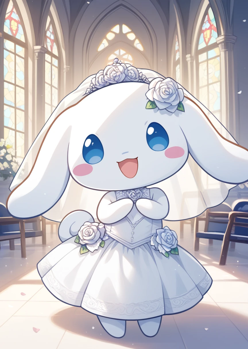 score_9, score_8_up, score_7_up, BREAK
Cinnamoroll, anthro, male, solo, looking at viewer, smile, open mouth, blue eyes, standing, :d, no humans, blush stickers, happy, church, cute, kawaii, chibi, long ears, white fur, wedding dress, wedding veil