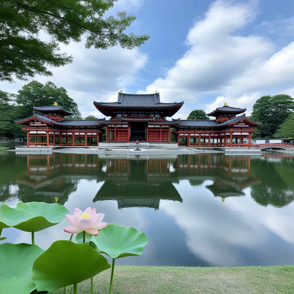 <lora:phoenix_temple_SDXL:0.5>, a large building with a pond, outdoors, sky, day, cloud, water, tree, blue_sky, no_humans, cloudy_sky, lotus, building, rope, nature, scenery, forest, reflection, rock, stairs, mountain, torii, architecture, house, bridge, east_asian_architecture, river, statue, landscape, lake, shrine, pond, stone_lantern, reflective_water, real_world_location, pagoda