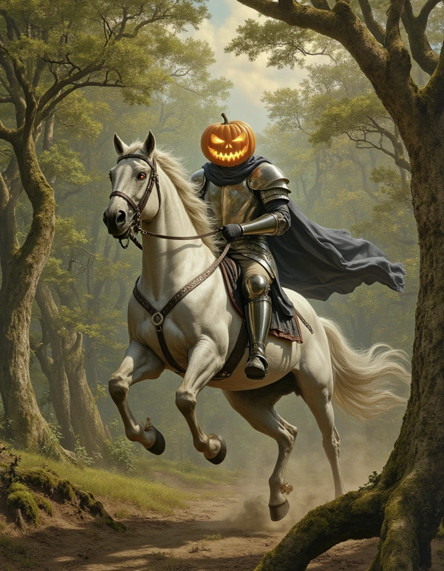 headless_horseman riding a white horse covered in silver armor, galloping through a lush green forest with rays of sunlight breaking through the trees. The riderâs pumpkin head glows with golden light, and the horseâs mane flows in the wind. Classical painting with realistic textures and warm, natural colors. headless_horseman, <lora:headless_horseman_v11:1>,