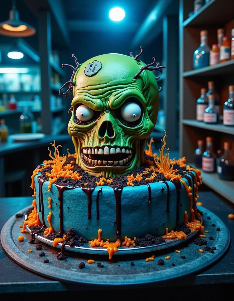 a very creepy zombie cake on a black table in a creepy lab at night, colors: blue, green, orange, creerck  <lora:creepy-and-eerie-cakes:1>