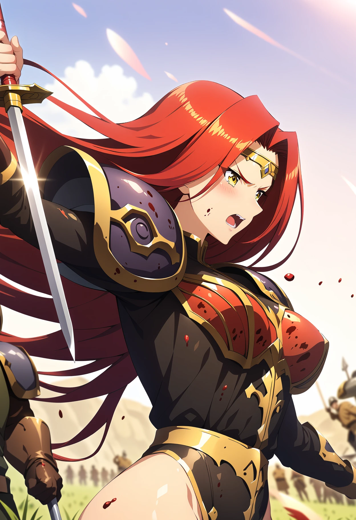 (masterpiece:1.2),best quality,very aesthetic,absurdres,fantasy,rim light,metallic luster,nsfw,1girl,3boys,<lora:fana_v1:1>,fana,sword,circlet,red hair,yellow eyes,holding_sword,profile,serious,screaming,<lora:Fixhands_anime_bdsqlsz_V1:1>,
BREAK
blood,blood on clothes,sword,flower,armor,polearm,holding weapon,holding,field,helmet,outdoors,army,soldier,spear,solo focus,6+boys,fantasy,battlefield,looking_away,looking_ahead,from_side,, masterpiece,best quality, very aesthetic, absurdres, ultra detailed, high resolution, 4k, extremely detailed CG,