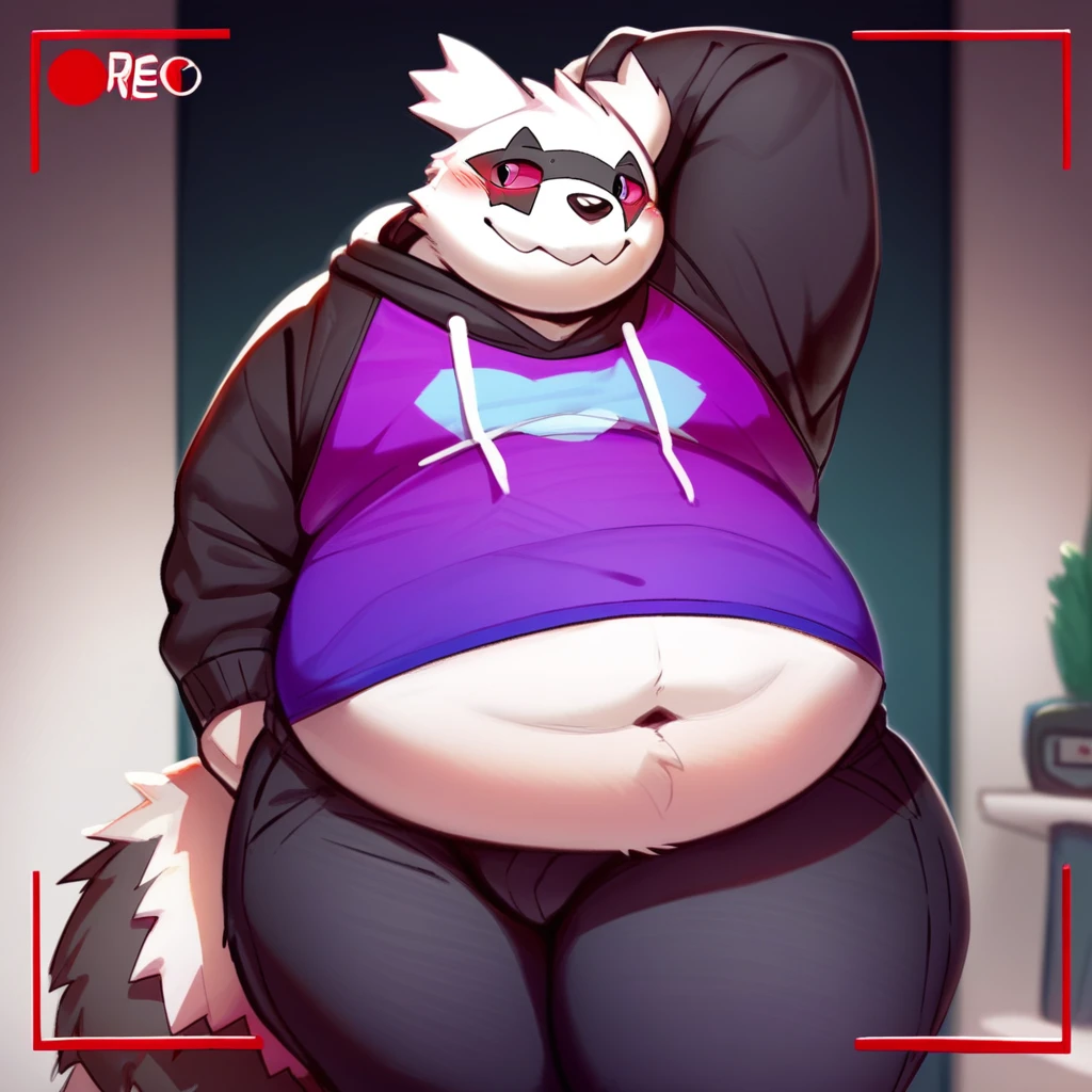 score_9, score_8_up, score_8, furry, GZigzag, Pokemon (creature), black and white fur, pink sclera, cartoon style, 2d, overweight male, big belly, thick thighs, wide hips, purple sleeveless hoodie, pants, solo, belly exposed, midriff, one arm up, smile, blush, looking away, standing, inside, recording studio