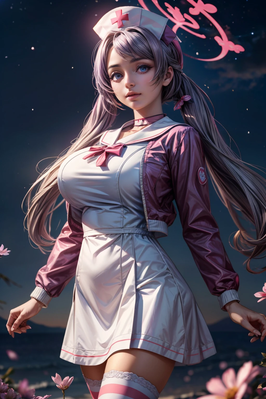 (ultra realistic,32k, masterpiece:1.2),(high detailed skin:1.1),( high quality:1.1), <lora:IllyasvielVonEinzbern_v1:0.7>, zzIllya, looking at viewer, night, outdoors, sky, BREAK,   <lora:Hanae_BlueArchive_Citron:0.7>, zzHanae, blue eyes, purple hair, long hair, twintails, halo, hair ornament, fang, hat pink jacket, white sailor collar, mismatched legwear, striped thighhighs, nurse outfit, white dress,   BREAK,  blooming stars, luminescent petals, otherworldly fragrance blurry background, (looking at viewer, standing:1.1), huge breast, large breast, <lora:add_detail:0.92>, (glowwave:1.1),