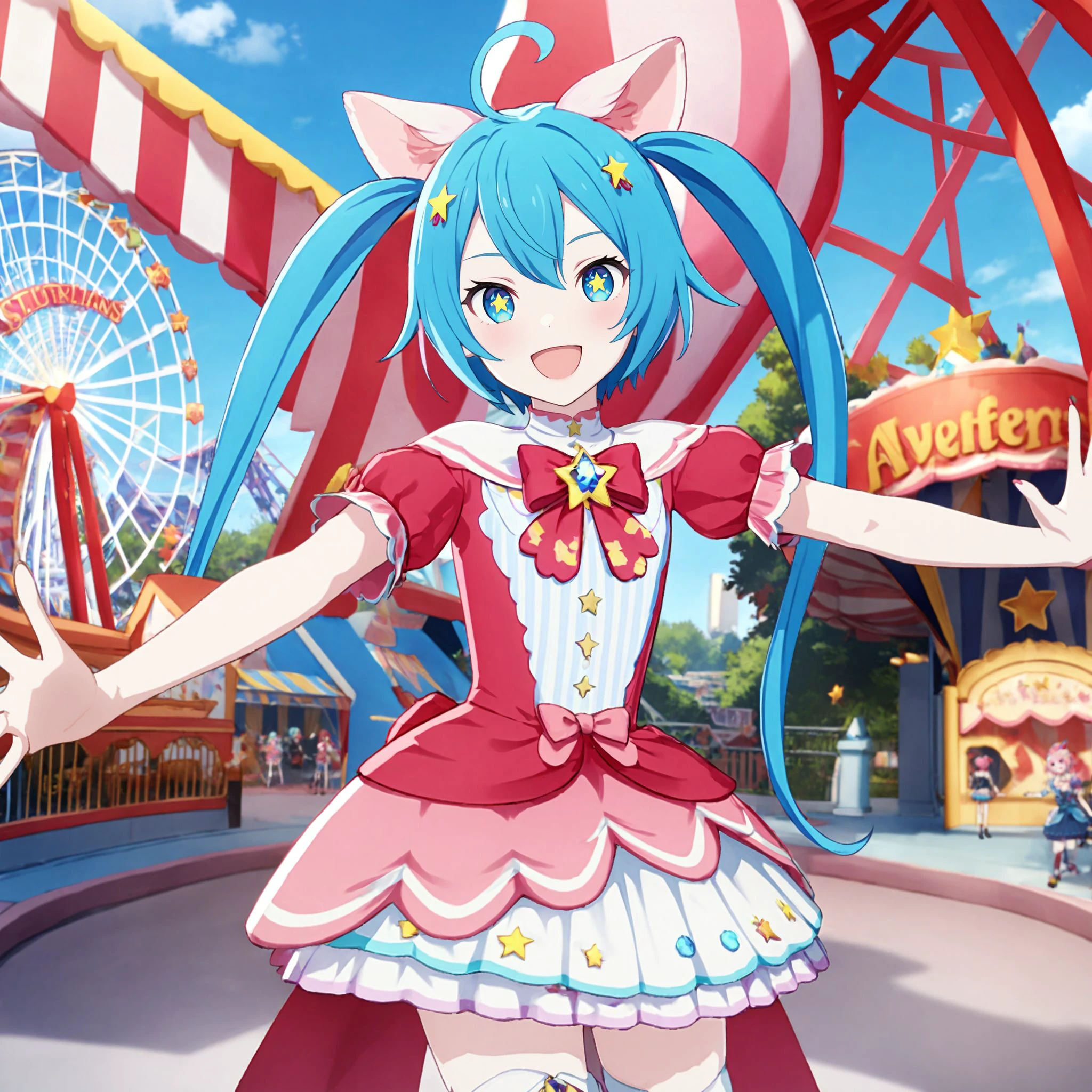 1girl, wonderlands x showtime miku, project sekai, masterpiece, very aesthetic, absurdres, official art,
brandnew wsmiku, solo, blue long hair, twintails, blue eyes, star-shaped pupils, star in eyes, ahoge,
looking at viewer, :D, arms up, outstretched fingers, view straight on, BREAK
animal ears, thighhighs, star (symbol), pink dress, white thighhighs, bowtie, short sleeves, skirt, zettai ryouiki, pink bow, red bow, brooch, layered dress, white skirt, jewelry, puffy sleeves, capelet, pink bowtie, red dress, puffy short sleeves, gem, frills, red bowtie,
Amusement park, attractions, theme parks, roller coaster, ferris wheel, fountain, outdoors, beautiful blue sky,
<lora:sdxl-vs-BNwsMiku05:0.9:lbw=0,0,0.2,0.2,0,0.4,0.4,0,0.8,0.8,0,0,0,0.8,0.8,0.6,0.8,0.0,0.0,0.0,0,0,0,0,0,0>