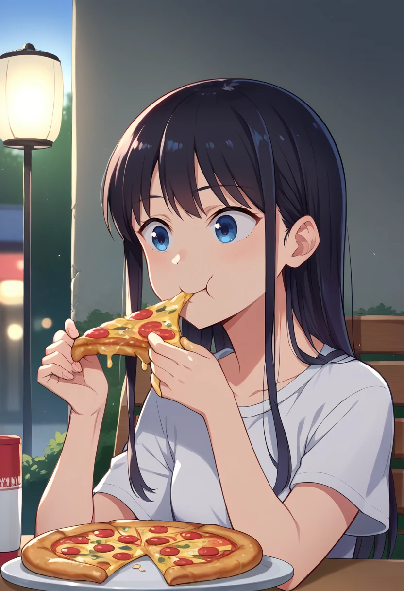 score_9, score_8_up, source_anime, 1girl, solo, RinNanakura, blue eyes, black hair, long hair, bangs, t-shirt, eating, table, upper body, pizza, happy, lamp, outdoors, street, lamppost, <lora:ChamRinNanakuraPonyXL:1>