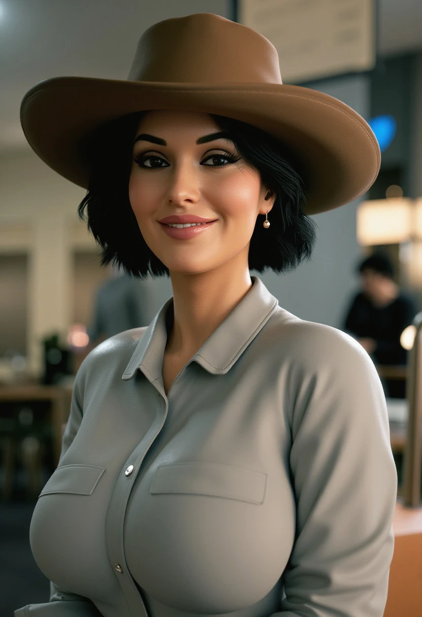 Rigid3D \(Artist\), @Rigid3D, 1 woman with short black curly hair, button up collared shirt and a cowboy hat, smiling with eyeliner, background is the inferior of a busy Starbucks coffee shop