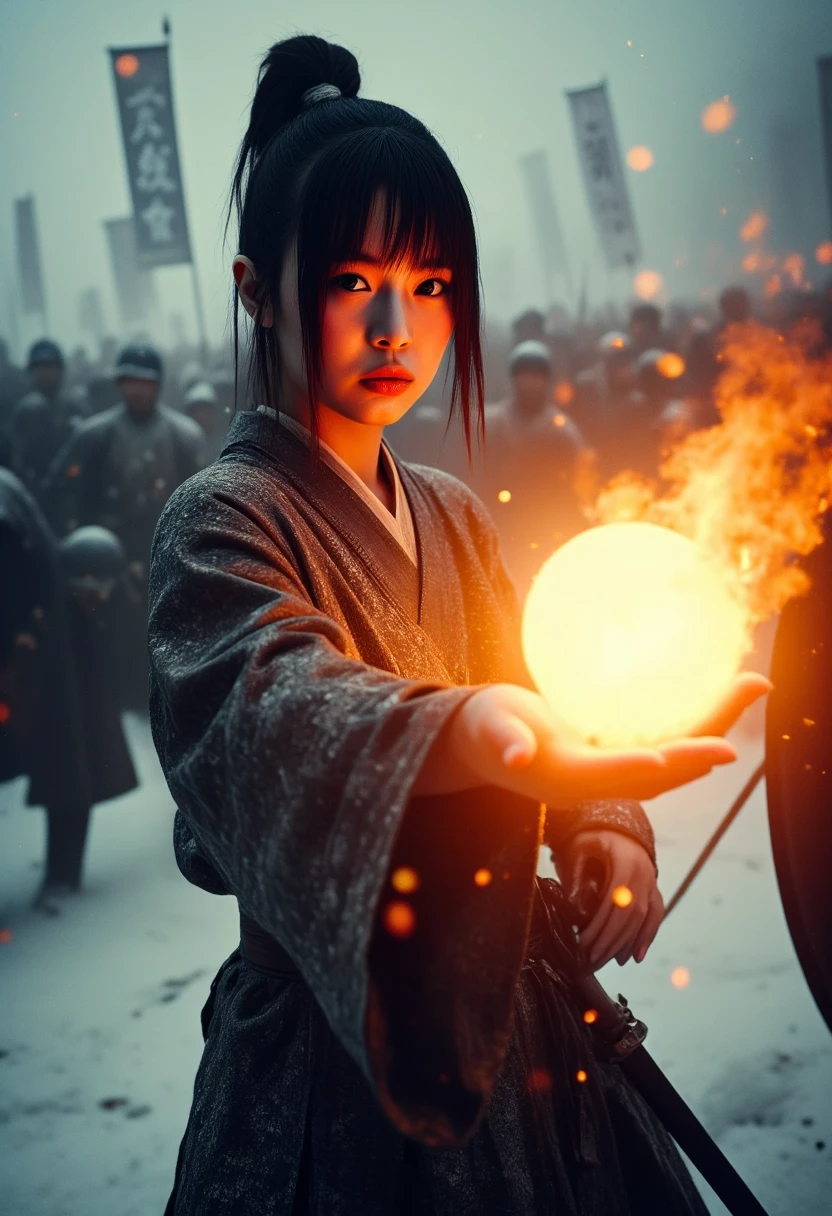 <lora:FLUX_HANNI:1>,Intensely focused 12th century Japanese warrior woman with unkempt brunette hair throwing a flaming ball of energy from her hand towards the viewer,the glowing sphere emerges from the woman's body approaching the viewer leaving a trail of smoke and sparks,intense battlefields in snowy conditions,army banners,swords and shields on the ground,<lora:Dever_Flux_Enhancer:1>,